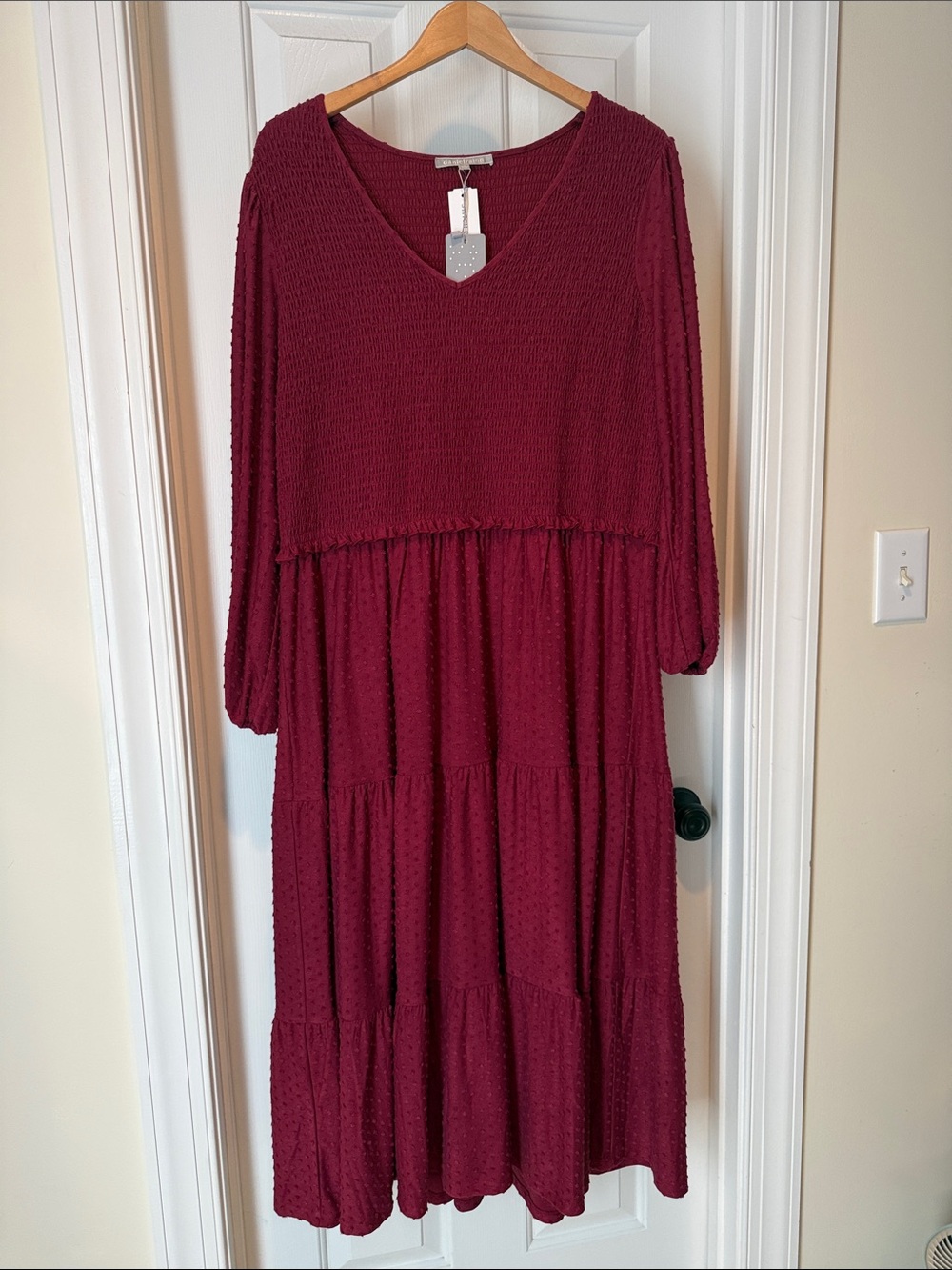 Daniel Rainn Wine Red V-Neck Tiered Maxi Dress